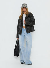 Vyolette Faux Leather Collared Jacket Washed Black