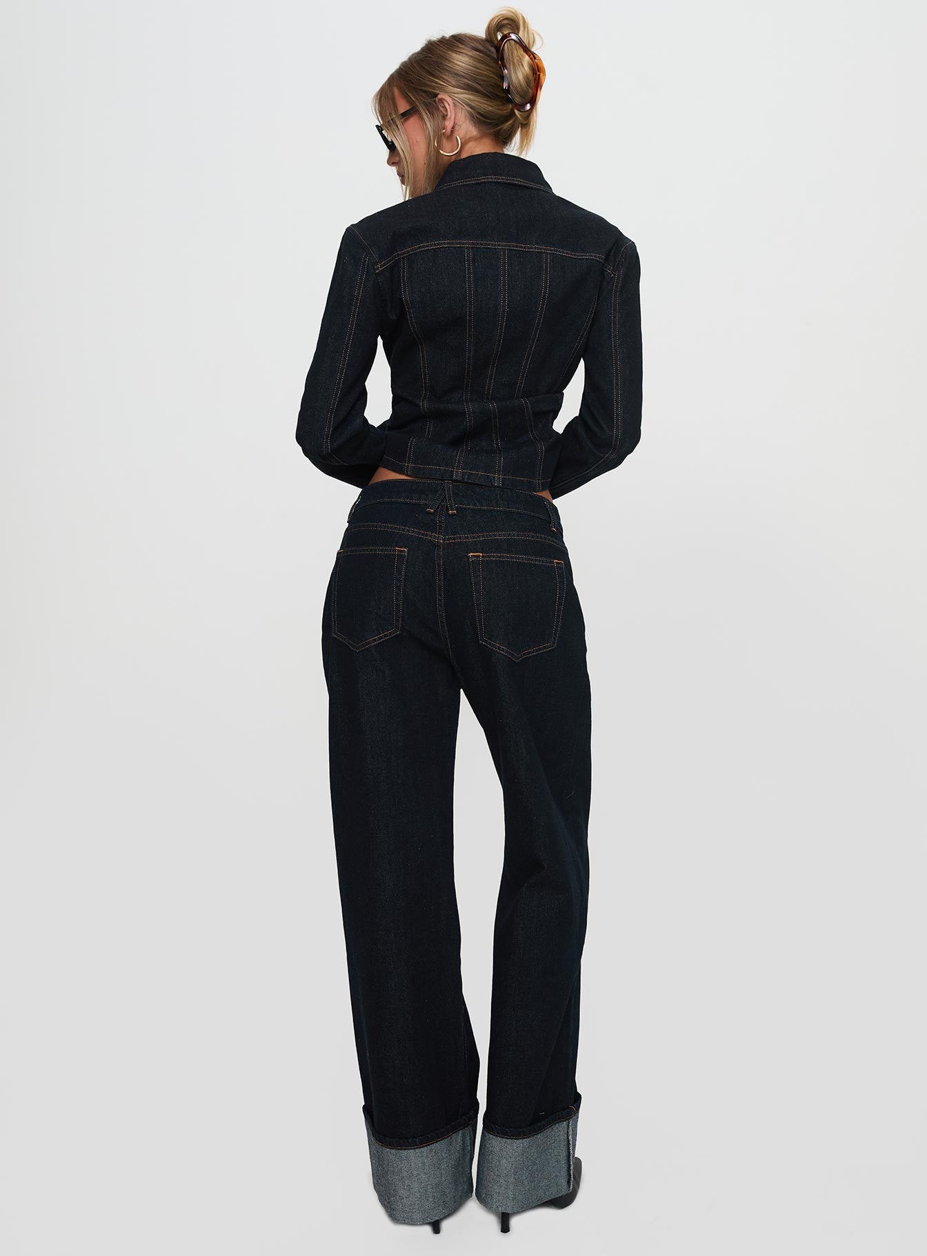 Top Model Low Rise Straight Leg Cuffed Jean Dark Denim