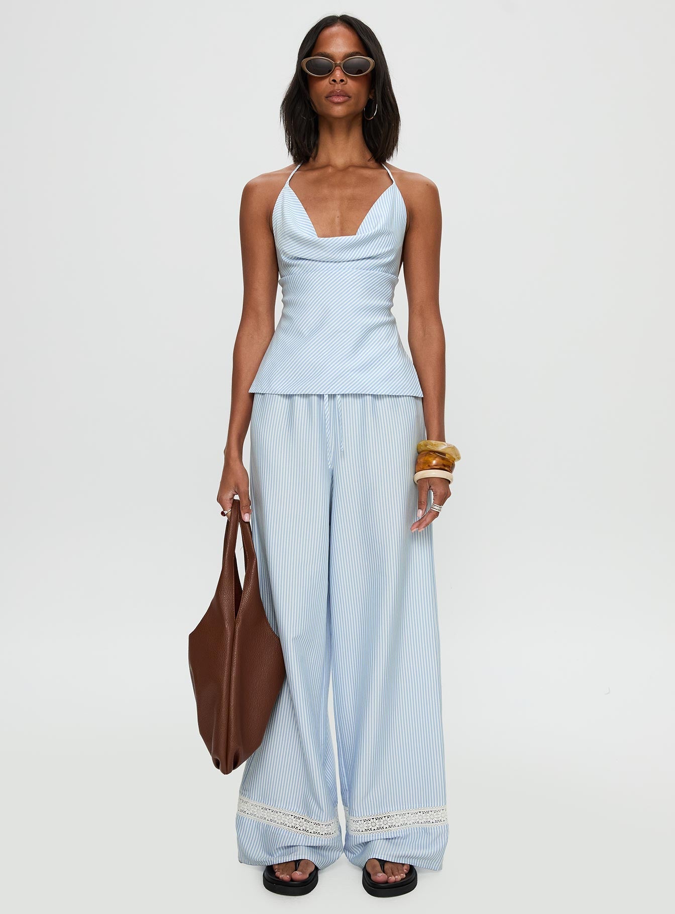 Summer Too Hot Cowl Neck Top Blue Stripe